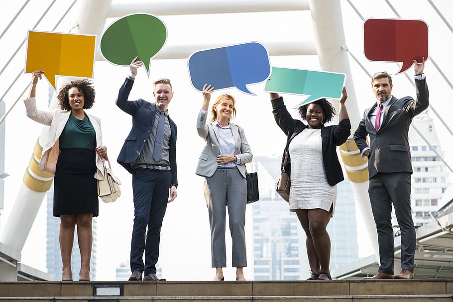 Five, person, standing, holding, templates, adult, bridge, business ...